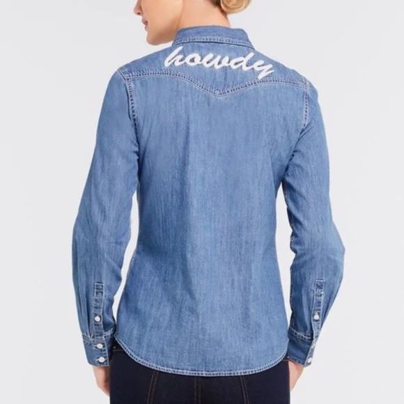 Draper James | Howdy Embroidered Chambray Button Down Blue Long Sleeve Shirt | 6 - Picture 13 of 13